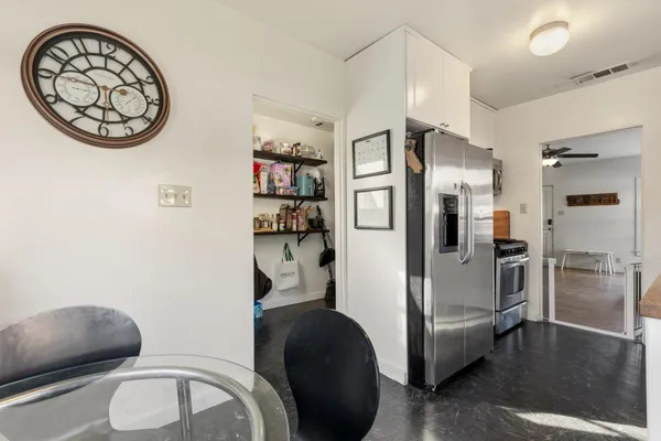 a view of dining room with wooden floor