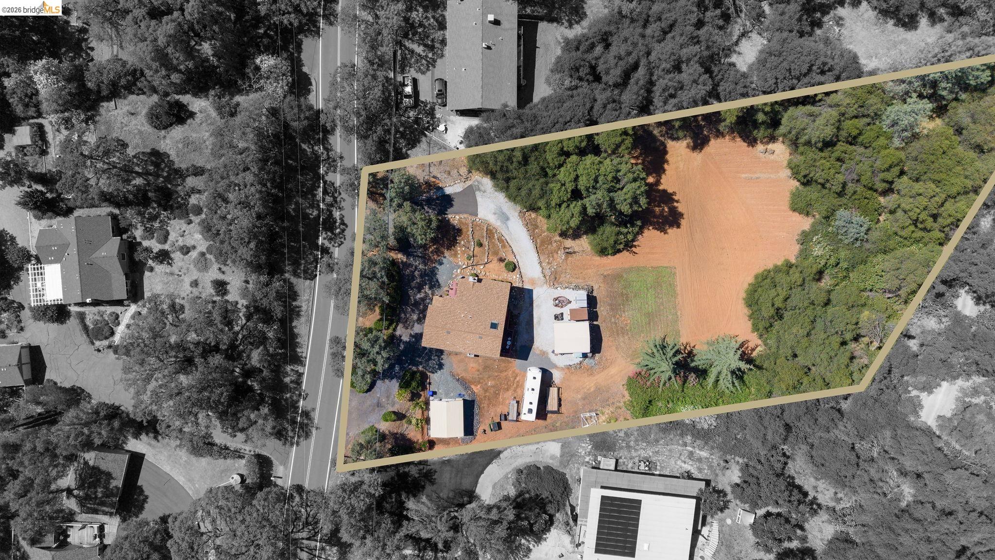 11858 Campo Seco Road Sonora, CA 95370 - Photo 42 of 45 Aerial property outline featuring a main residence, secondary structure, and a large cleared area