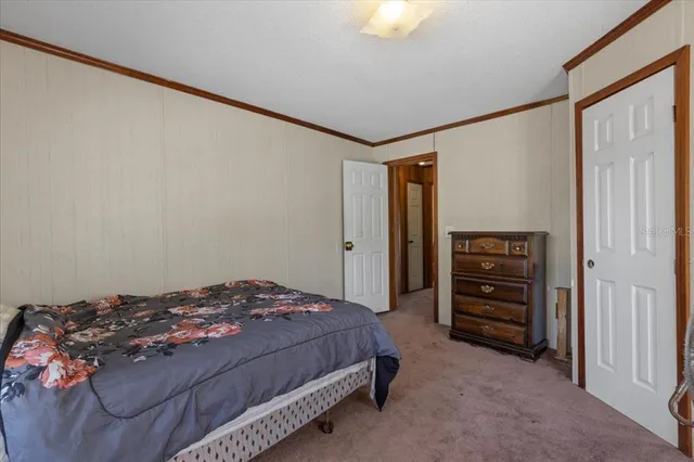 a bedroom with a bed and a cabinet