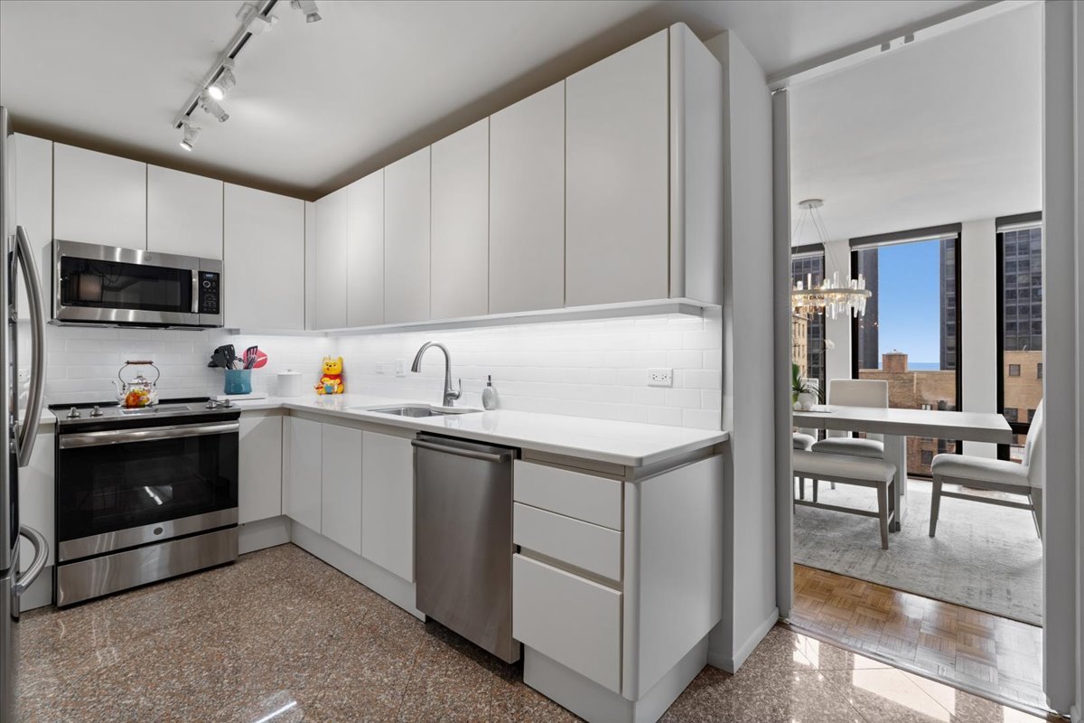 200 East Delaware Place, Unit 13C Chicago, IL 60611 - Photo 15 of 31 a kitchen with stainless steel appliances granite countertop a stove a sink and a microwave