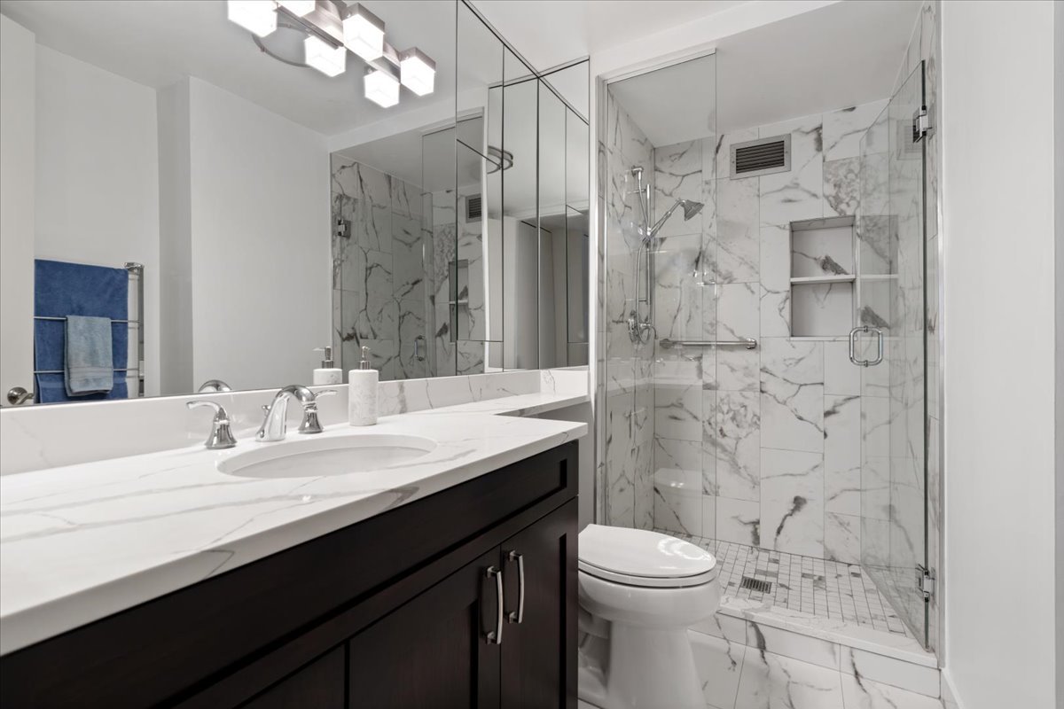 200 East Delaware Place, Unit 13C Chicago, IL 60611 - Photo 20 of 31 a bathroom with a granite countertop sink toilet a shower and a mirror