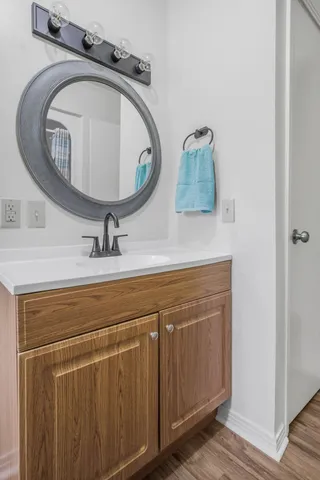 a bathroom with a sink and a mirror