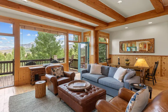 a living room with furniture and a floor to ceiling window