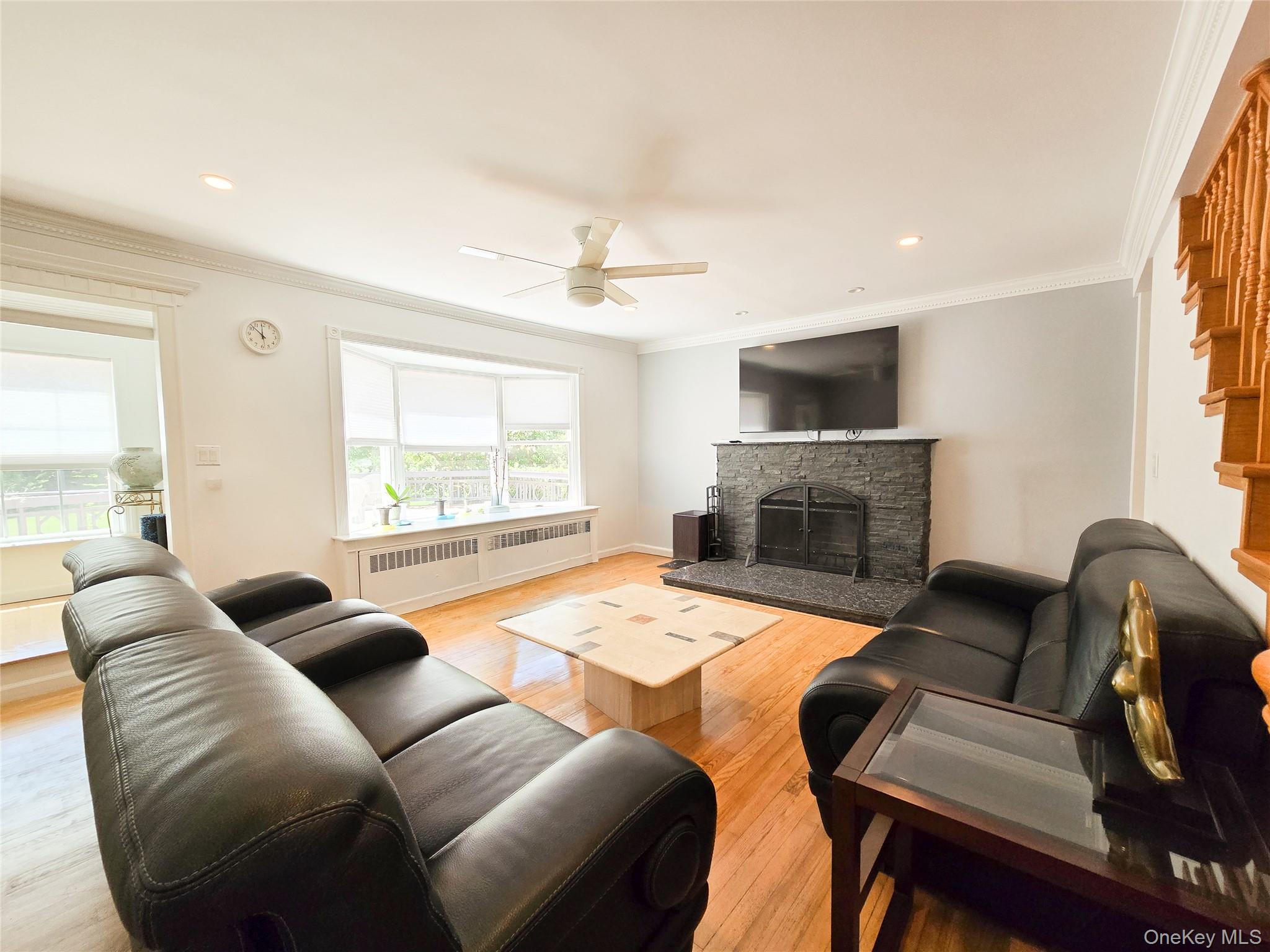 249 Cold Spring Road Syosset, NY 11791 - Photo 5 of 28 a living room with furniture a flat screen tv and a fireplace