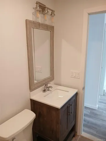 a bathroom with a sink a toilet and mirror
