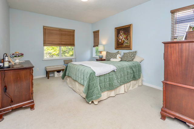 11751 Lake Run Road South Jordan, UT 84009 - Photo 17 of 38 Carpeted room featuring multiple windows with horizontal blinds, light blue wall paint, and a built-in overhead light fixture