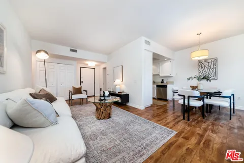 a living room with furniture potted plant and a table