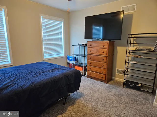 a bedroom with a bed and a television