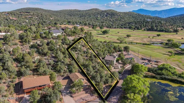an aerial view of residential houses with outdoor space and trees