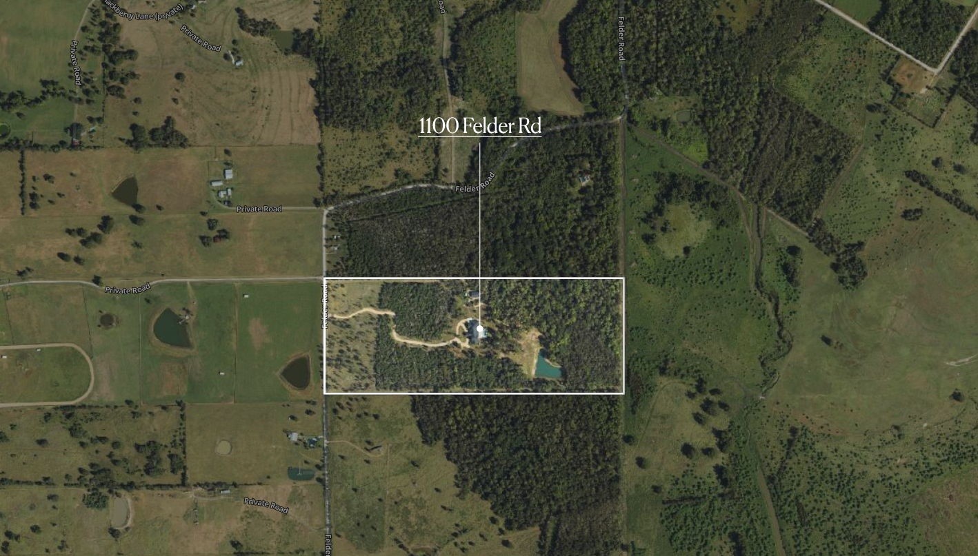 1100 Felder Road Washington, TX 77880 - Photo 48 of 50 An aerial overview of 1100 Felder Rd highlights the property's wooded, private setting along Felder Road, with the residence, driveway, and pond situated well back from the road for maximum privacy.