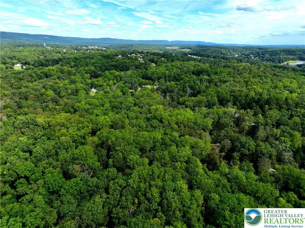 an aerial view of residential houses with outdoor space and trees