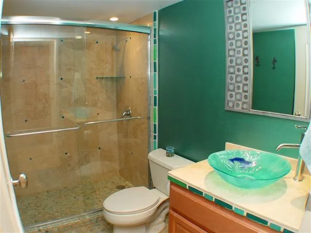 a bathroom with a sink a toilet and shower