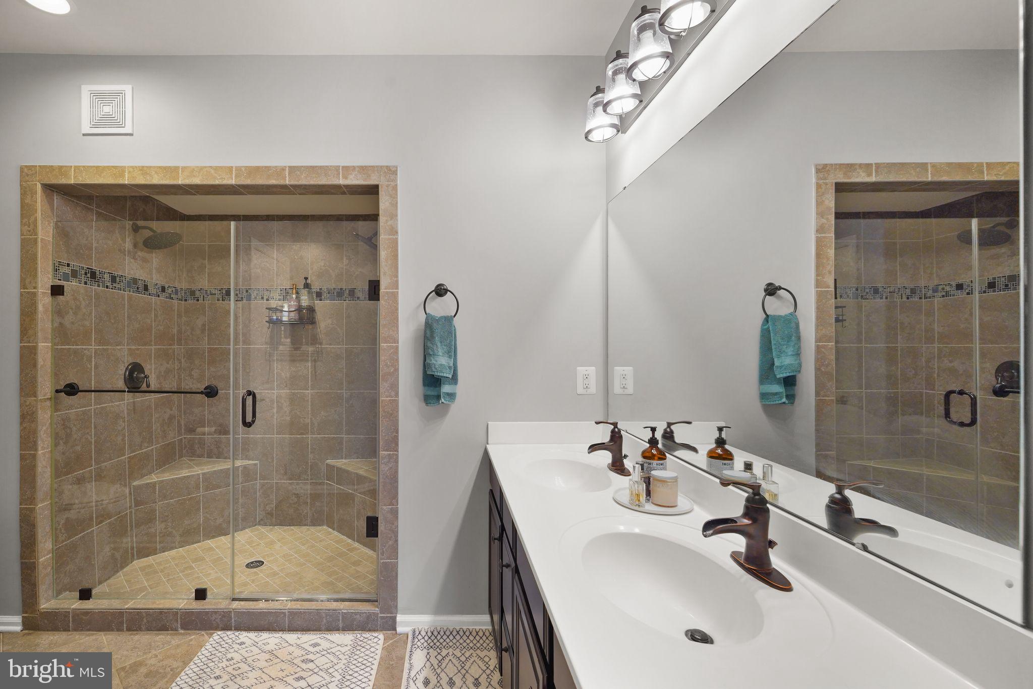 43846 Artsmith Terrace Ashburn, VA 20147 - Photo 20 of 38 a bathroom with a sink a mirror and shower