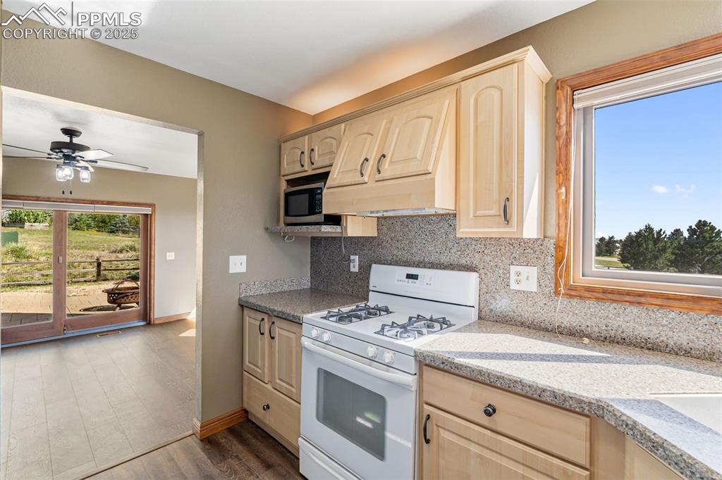725 Bowstring Road Monument, CO 80132 - Photo 14 of 50 a kitchen with a stove a sink and a microwave