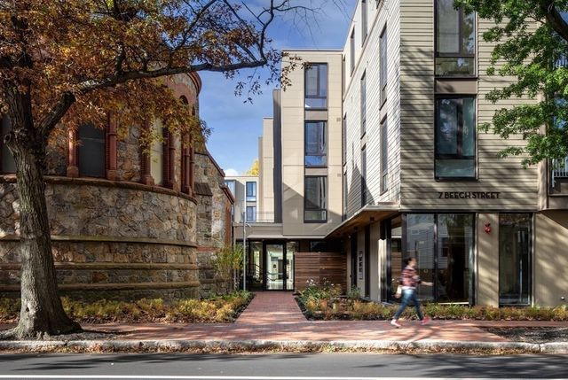front view of a building with a street