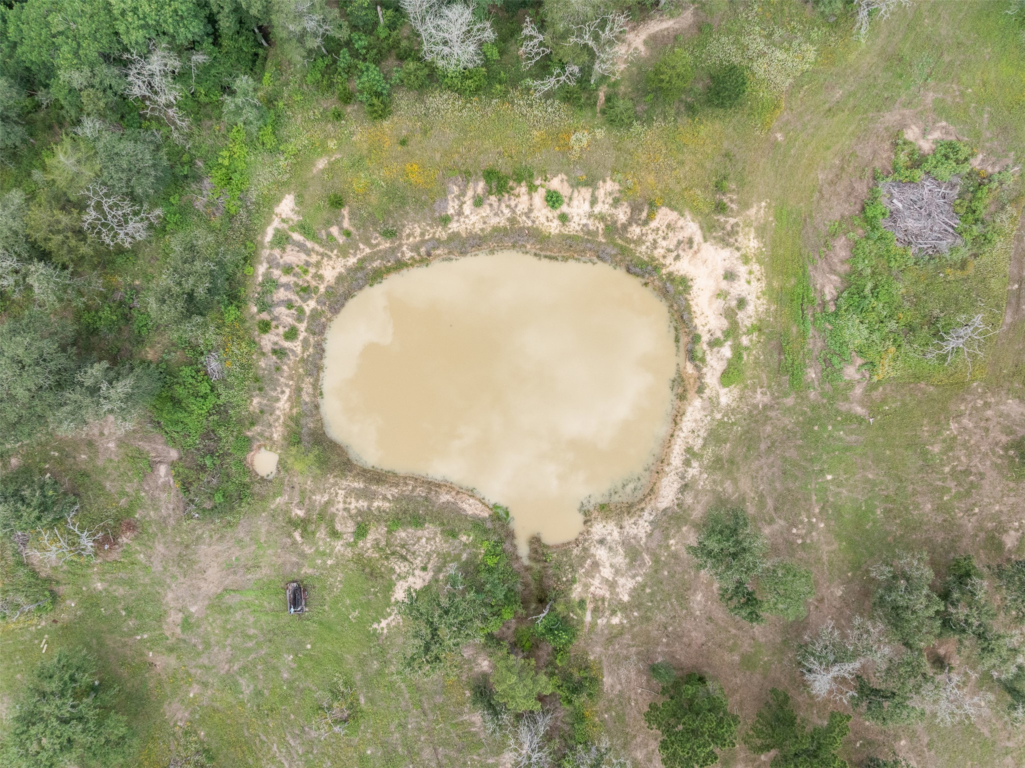 305 Cistern Road Rosanky, TX 78953 - Photo 10 of 13 An aerial view showcases a tranquil pond surrounded by lush greenery and expansive open land.