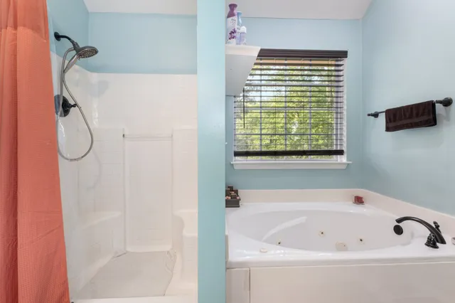 a bathroom with a bathtub and a shower