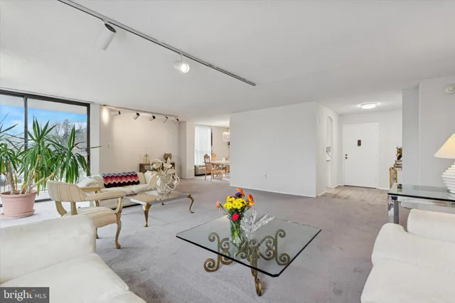 a living room with furniture and potted plants