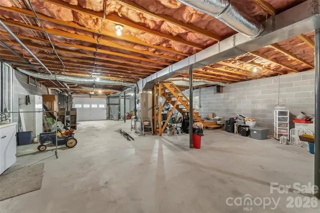 a view of a garage with storage