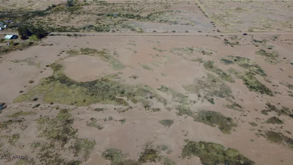 a view of a dry yard with lots of bushes