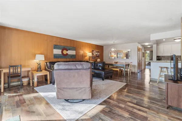 a living room with furniture and a dining table with kitchen view