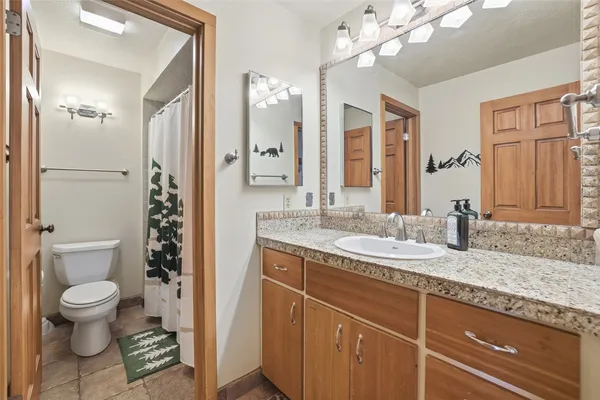 a bathroom with a granite countertop sink a toilet a mirror and shower