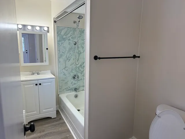 a bathroom with a bathtub shower sink vanity and toilet