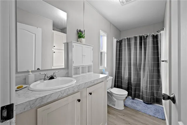 a bathroom with a granite countertop sink a toilet a mirror and shower curtain