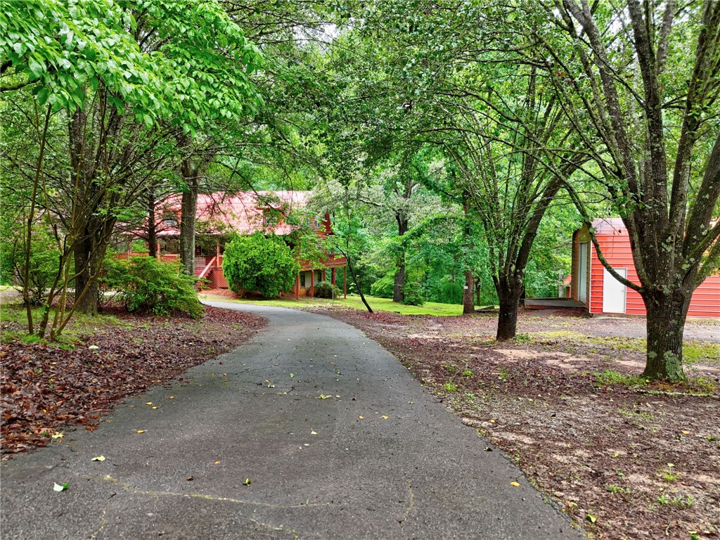 237 Spring Valley Road Liberty, SC 29657 - Photo 34 of 50 A private driveway winds through lush greenery, leading to a charming house and a vibrant red outbuilding.