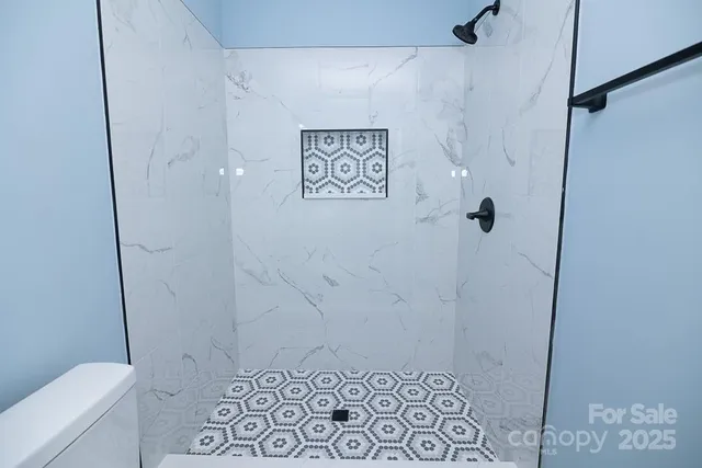 a bathroom with a shower and toilet