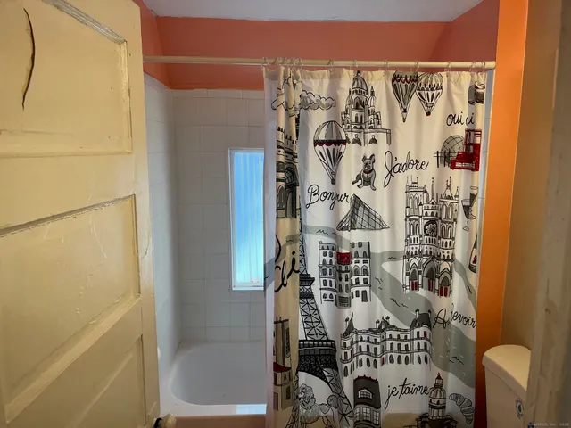 a bathroom with a shower and a toilet