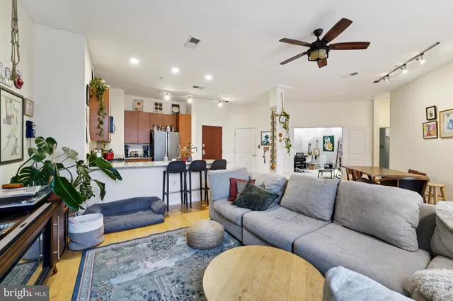 a living room with furniture or kitchen view and a potted plant