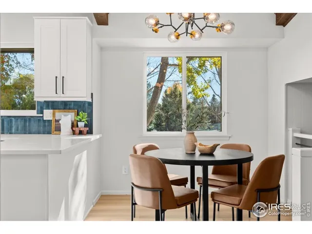 a view of a dining room with furniture window and outside view