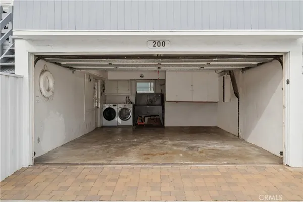 a view of a garage with storage
