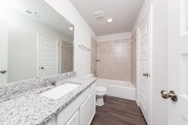 a bathroom with a granite countertop sink a toilet and shower