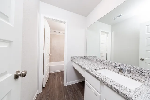 a bathroom with a granite countertop sink and a mirror