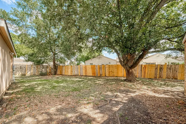a view of a backyard with large trees and wooden fence