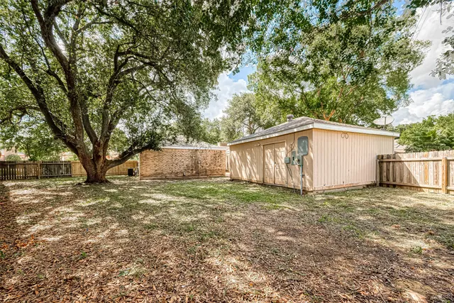 a view of a backyard with large tree
