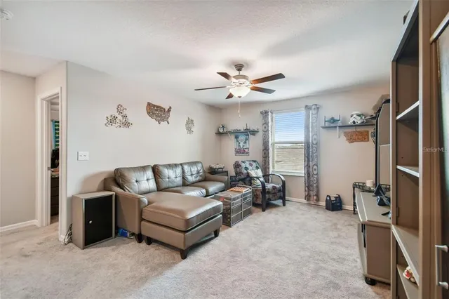 a living room with furniture a ceiling fan and a rug