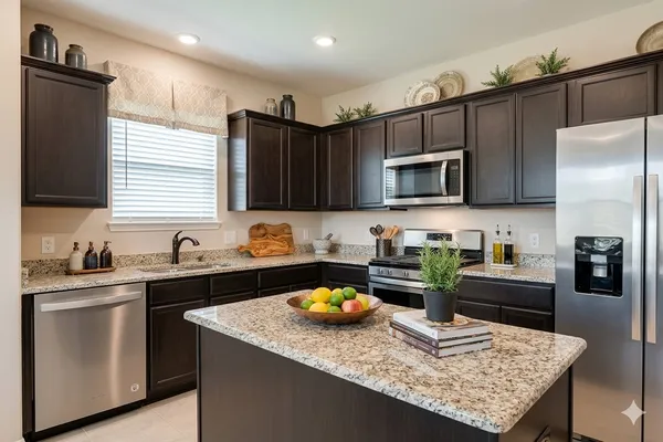 a kitchen with a sink a stove top oven a refrigerator cabinets and a window