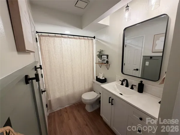 a bathroom with a sink a toilet a mirror and shower curtain