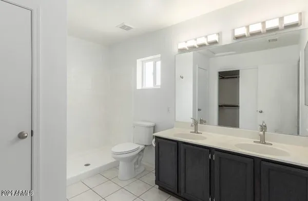 a bathroom with a double vanity sink toilet and a mirror