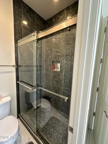 a bathroom with a shower and toilet
