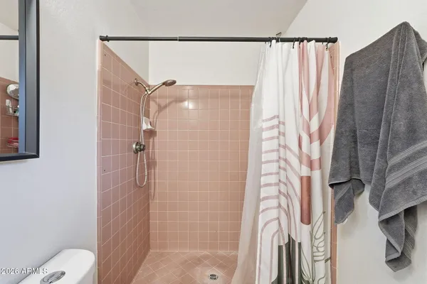 a bathroom with a shower and a toilet