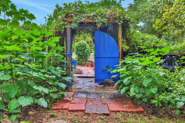 a view of a backyard with sitting area and potted plants