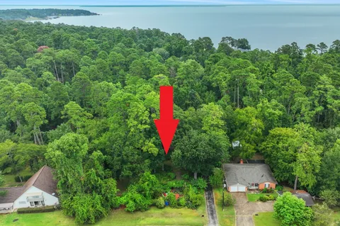 an aerial view of a house with a yard and lake view