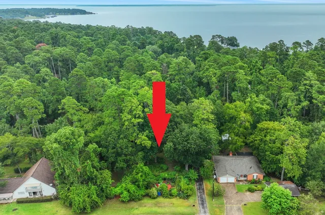 an aerial view of a house with a yard and lake view