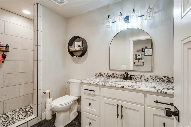 a bathroom with a toilet a sink and mirror