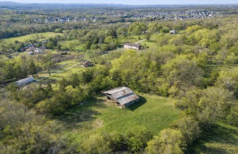 an aerial view of residential houses with outdoor space and trees
