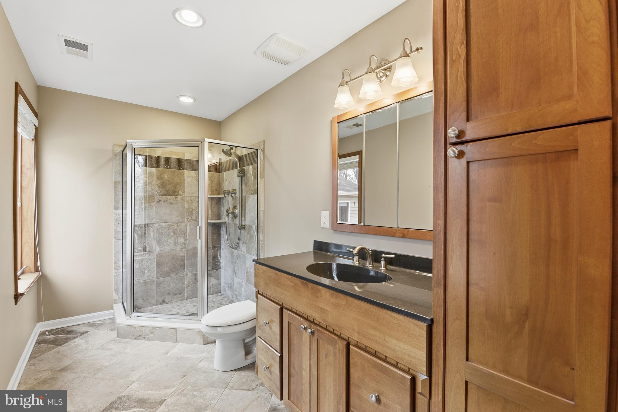 7715 Paradise Beach Road Pasadena, MD 21122 - Photo 34 of 66 a bathroom with a granite countertop sink toilet a mirror and shower